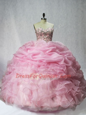 Cute Organza Sweetheart Sleeveless Lace Up Beading and Ruffles and Pick Ups Quinceanera Gown in Baby Pink