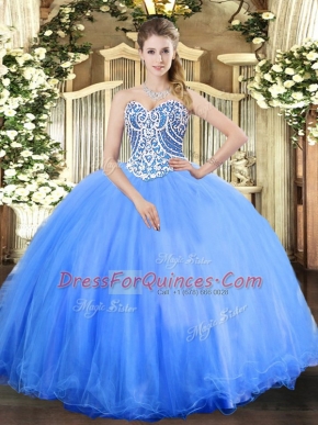 Free and Easy Baby Blue Lace Up Sweetheart Beading Quince Ball Gowns Tulle Sleeveless