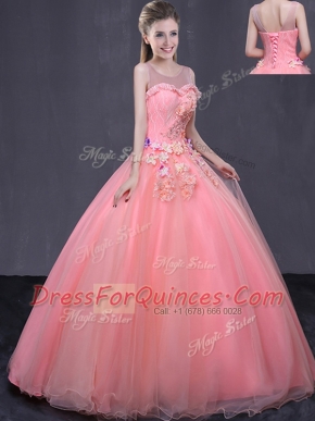 Sweet Watermelon Red Lace Up Scoop Beading and Appliques Vestidos de Quinceanera Tulle Sleeveless