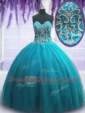 Teal Sleeveless Floor Length Beading Lace Up Quinceanera Gown
