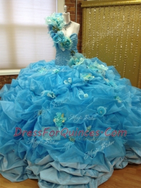 One Shoulder Sleeveless Floor Length Pick Ups and Hand Made Flower Lace Up Ball Gown Prom Dress with Blue