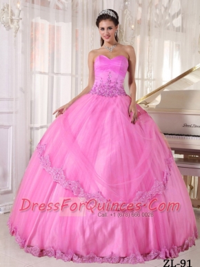 New Styles Hot Pink Ball Gown Sweetheart With Taffeta and Tulle Appliques Quinceanera Dress