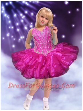 2014 Beautiful Halter Knee-length Fuchsia Beading and Ruffles Little Girl Dress