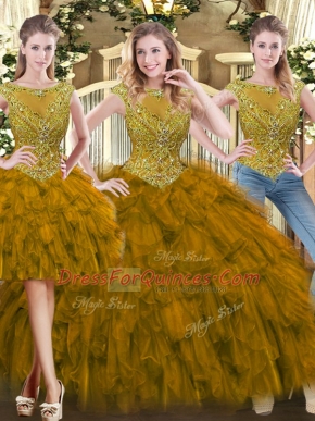 Romantic Brown Sleeveless Beading and Ruffles Floor Length 15 Quinceanera Dress