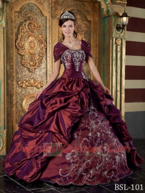 Burgundy Strapless Taffeta Appliques Ball Gown Dress with Pick Ups and Beading