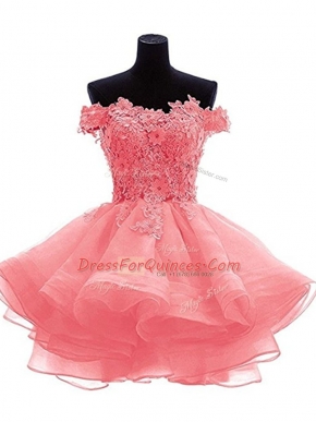 Sweet Watermelon Red Sleeveless Beading and Lace and Appliques Mini Length Dress for Prom