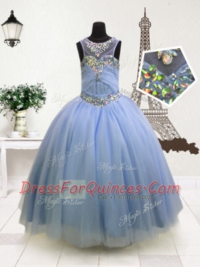 Scoop Sleeveless Zipper Floor Length Beading and Ruffles Flower Girl Dress
