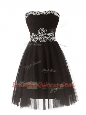 Black A-line Beading Evening Dress Zipper Tulle Sleeveless Mini Length
