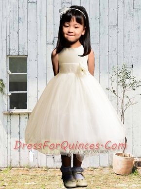 Discount Hand Made Flowers and Ruffles A-Line Tea-length Flower Girl Dress with Scoop