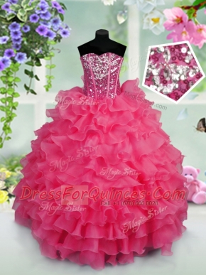 Ruffled Layers and Sequins Pageant Gowns For Girls Hot Pink Lace Up Sleeveless Floor Length