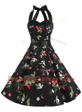 Halter Top Sleeveless Homecoming Dress Knee Length Sashes ribbons and Pattern Multi-color Chiffon