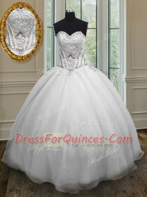 Charming White Ball Gowns Sweetheart Sleeveless Organza Floor Length Lace Up Beading Sweet 16 Dress