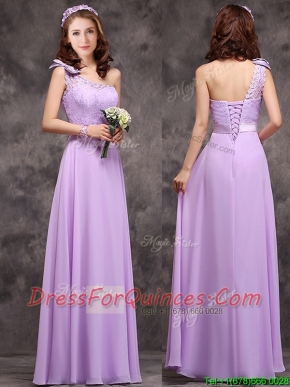 Pretty One Shoulder Lavender Prom Dresses with Applique Decorated Waist