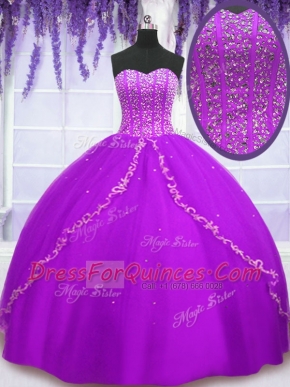 Captivating Purple Sleeveless Beading and Sequins Floor Length Quinceanera Gown