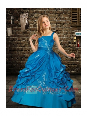 Affordable Straps Little Girl Pageant Dresses with Appliques in Blue