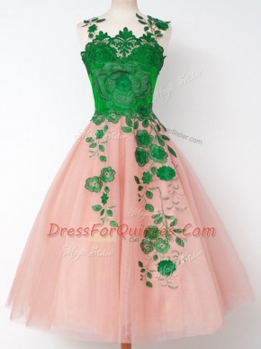 Tulle Straps Sleeveless Lace Up Appliques Quinceanera Court Dresses in Pink