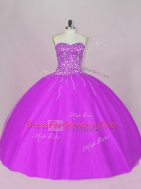 Elegant Sleeveless Floor Length Beading Lace Up 15th Birthday Dress with Purple