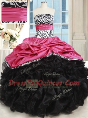 Pink And Black Ball Gowns Strapless Sleeveless Organza and Taffeta Floor Length Lace Up Beading and Ruffles 15th Birthday Dress