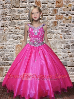 Pretty V-neck Hot Pink 2014 Little Gril Pageant Dresses with Beading