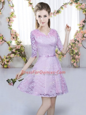 A-line Vestidos de Damas Lavender V-neck Lace Half Sleeves Mini Length Zipper