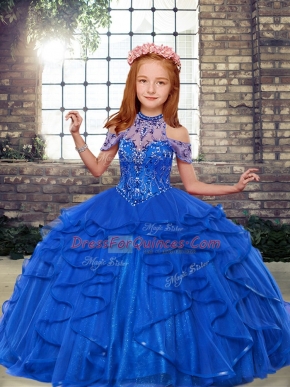 Blue Tulle Lace Up Little Girls Pageant Dress Wholesale Sleeveless Floor Length Beading and Ruffles