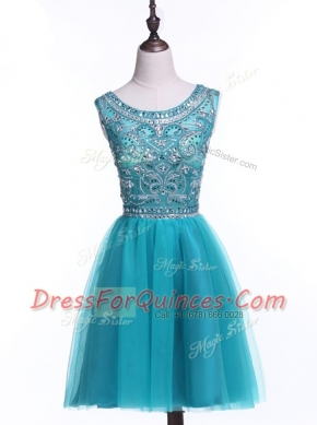 Sequins A-line Prom Dress Teal Scoop Tulle Sleeveless Mini Length Zipper