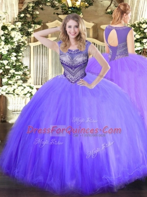 Lavender Ball Gowns Tulle Scoop Sleeveless Beading Floor Length Lace Up Sweet 16 Quinceanera Dress