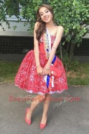Lace Ruffles Prom Evening Gown Red Zipper Sleeveless Knee Length