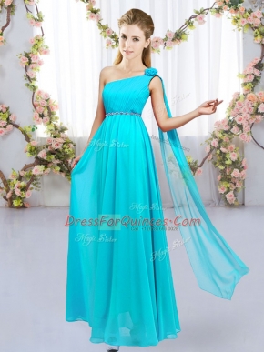 Extravagant Aqua Blue One Shoulder Lace Up Beading and Hand Made Flower Vestidos de Damas Sleeveless