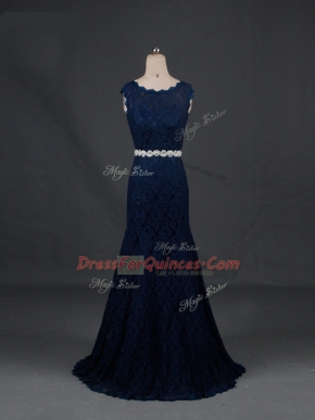Inexpensive Column/Sheath Evening Dress Navy Blue Scoop Lace Sleeveless Floor Length Backless