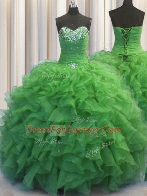 Beaded Bust Green Ball Gowns Organza Sweetheart Sleeveless Beading and Ruffles Floor Length Lace Up Ball Gown Prom Dress