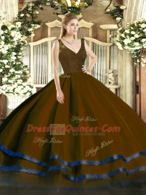 Graceful Brown Sleeveless Beading and Lace and Ruffled Layers Floor Length Sweet 16 Dresses