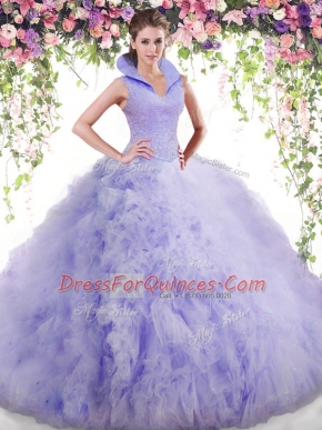 Captivating Floor Length Lavender 15 Quinceanera Dress High-neck Sleeveless Backless