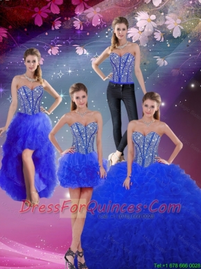 Pretty Sweetheart Beaded and Ruffles Royal Blue Detachable Quinceanera Dresses for Fall