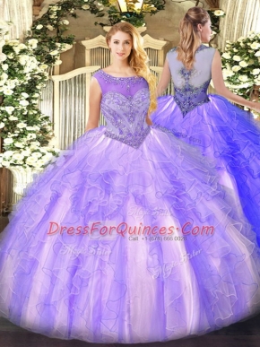 High Quality Lavender Ball Gowns Organza Scoop Sleeveless Beading and Ruffles Floor Length Lace Up Quinceanera Gown