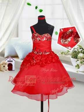 One Shoulder Sequins and Hand Made Flower Flower Girl Dresses Red Lace Up Sleeveless Mini Length