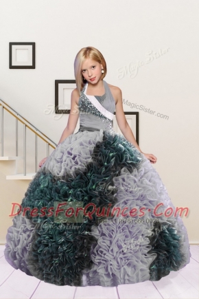 Halter Top Sleeveless Lace Up Floor Length Beading and Ruffles Little Girls Pageant Gowns