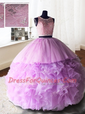 Lilac Quinceanera Gowns Military Ball and Sweet 16 and Quinceanera and For with Beading and Lace and Ruffles Scoop Sleeveless Brush Train Zipper