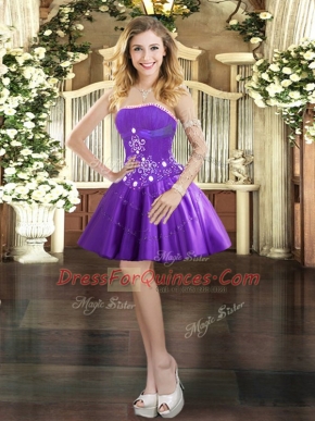 Custom Made Purple Ball Gowns Beading and Appliques Party Dress Wholesale Lace Up Tulle Sleeveless Mini Length