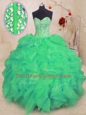Ideal Turquoise Ball Gowns Organza Sweetheart Sleeveless Beading and Ruffles Floor Length Lace Up Quinceanera Dress