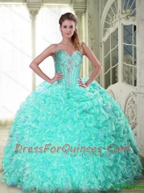 Modest Sweetheart Brush Train Apple Green Sweet 16 Dresses with Beading