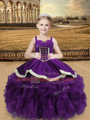 Best Sleeveless Organza Floor Length Lace Up Girls Pageant Dresses in Eggplant Purple with Beading and Ruffles