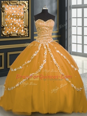 Gold Lace Up Sweetheart Beading and Appliques Quince Ball Gowns Tulle Sleeveless Brush Train