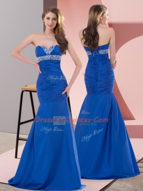 Modern Sleeveless Floor Length Beading and Ruching Lace Up Custom Made with Blue