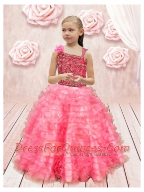 2014 Asymmetrical Beautiful Little Girl Pageant Dress with Appliques Ruffles in Watermelon