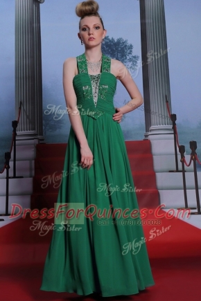 Trendy Halter Top Sleeveless Zipper Prom Party Dress Teal Chiffon