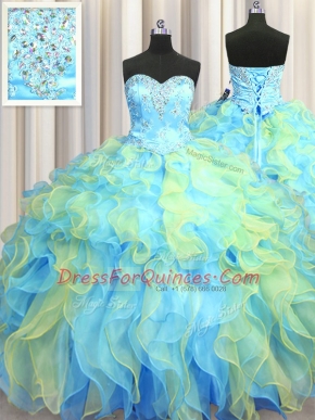 Clearance Multi-color Organza Lace Up Quinceanera Gowns Sleeveless Floor Length Beading and Appliques and Ruffles