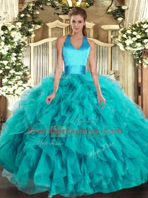 Clearance Halter Top Sleeveless Quinceanera Gown Floor Length Ruffles Turquoise Organza