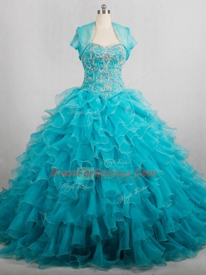 Shining Aqua Blue Sweetheart Neckline Beading and Ruffles Sweet 16 Dresses Sleeveless Lace Up