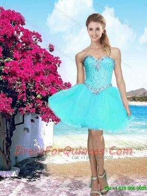 Beautiful 2016 Summer Organza Sweetheart Beaded Dama Dress in Aqua Blue